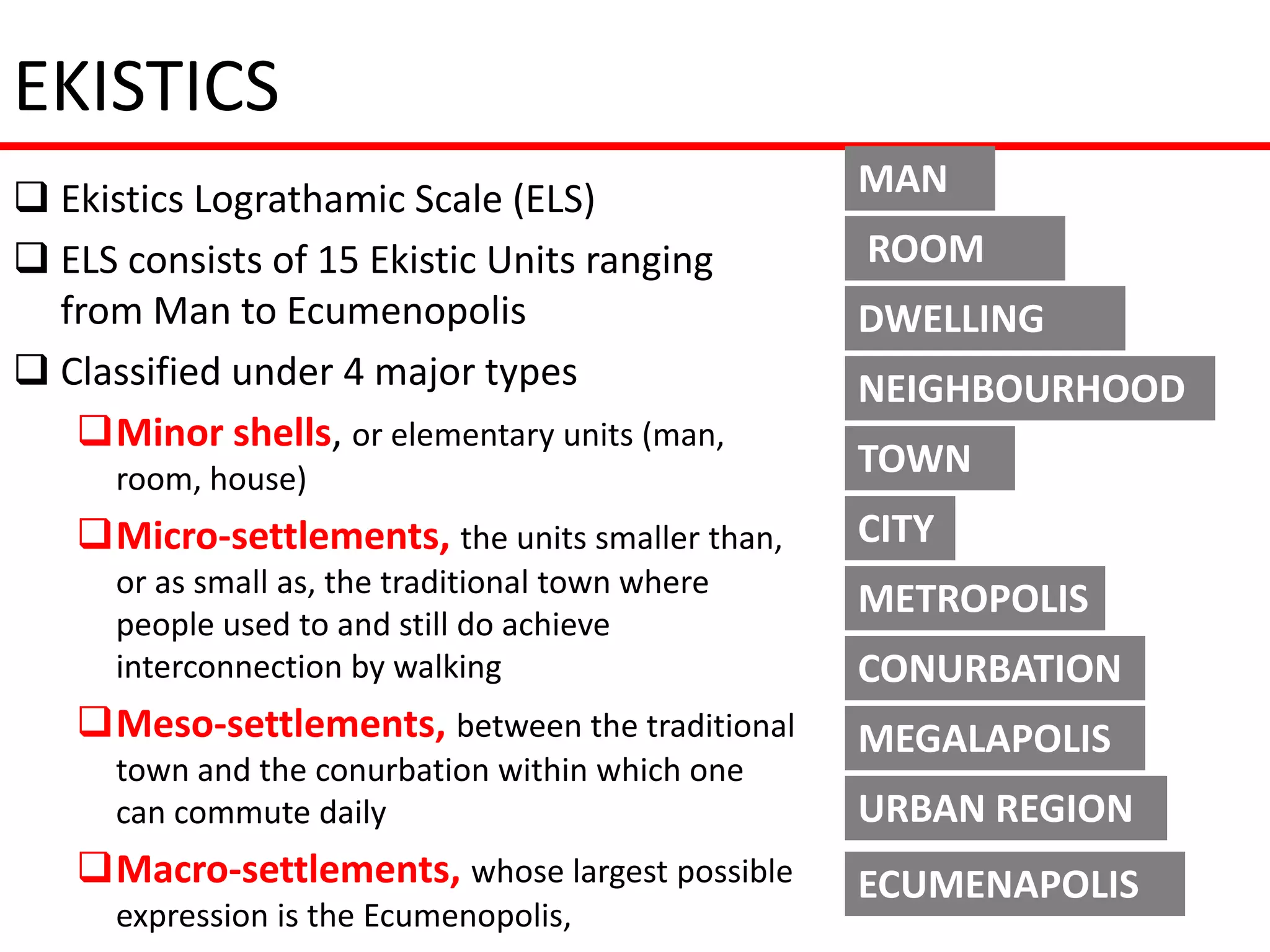 EKISTICS
 Ekistics Lograthamic Scale (ELS)                 MAN
 ELS consists of 15 Ekistic Units ranging         ROOM
  from Man to Ecumenopolis                         DWELLING
 Classified under 4 major types                   NEIGHBOURHOOD
   Minor shells, or elementary units (man,
      room, house)
                                                   TOWN
   Micro-settlements, the units smaller than,     CITY
      or as small as, the traditional town where
                                                   METROPOLIS
      people used to and still do achieve
      interconnection by walking                   CONURBATION
   Meso-settlements, between the traditional      MEGALAPOLIS
      town and the conurbation within which one
      can commute daily                            URBAN REGION
   Macro-settlements, whose largest possible      ECUMENAPOLIS
      expression is the Ecumenopolis,
 