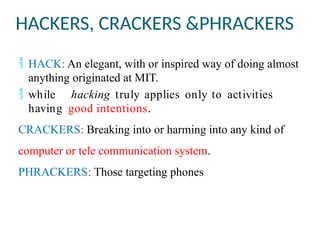 HACKERS, CRACKERS &PHRACKERS
 HACK: An elegant, with or inspired way of doing almost
anything originated at MIT.
 while hacking truly applies only to activities
having good intentions.
CRACKERS: Breaking into or harming into any kind of
computer or tele communication system.
PHRACKERS: Those targeting phones
 