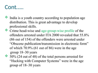 Cont…..
 India is a youth country according to population age
distribution. This is great advantage to develop
professional skills.
 Crime head-wise and age-group-wise profile of the
offenders arrested under ITA 2000 revealed that 55.8%
(86 out of 154) of the offenders were arrested under
“Obscene publication/transmission in electronic form”
of which 70.9% (61 out of 86) were in the age
group 18–30 years
 50% (24 out of 48) of the total persons arrested for
“Hacking with Computer Systems” were in the age
group of 18–30 years
 