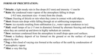 FORMS OF PRECIPITATION:
Drizzle: a light steady rain in fine drops (0.5 mm) and intensity <1 mm/hr
Rain: the condensed water vapour of the atmosphere falling in drops
(>0.5 mm, maximum size—6 mm) from the clouds.
Glaze: freezing of drizzle or rain when they come in contact with cold objects.
Sleet: frozen rain drops while falling through air at subfreezing temperature.
Snow: ice crystals resulting from sublimation (i.e., water vapour condenses to ice)
Hail: small lumps of ice (>5 mm in diameter) formed by alternate freezing and melting,
when they are carried up and down in highly turbulent air currents.
Dew: moisture condensed from the atmosphere in small drops upon cool surfaces.
Frost: a feathery deposit of ice formed on the ground or on the surface of exposed
objects by dew
Fog: a thin cloud of varying size formed at the surface of the earth by condensation of
atmospheric vapour
Mist: a very thin fog
R.SHANMUGASUNDARAM, AP CE, PSNACET 20
 
