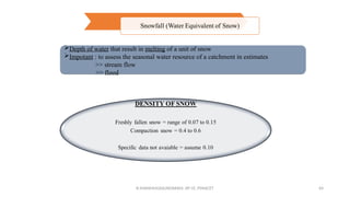 Depth of water that result in melting of a unit of snow
Impotant : to assess the seasonal water resource of a catchment in estimates
>> stream flow
>> flood
R.SHANMUGASUNDARAM, AP CE, PSNACET 64
 