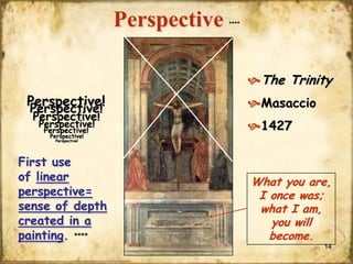 Perspective

****

 The Trinity

Perspective!
Perspective!
Perspective!
Perspective!
Perspective!
Perspective!

Masaccio
1427

Perspective!

First use
of linear
perspective=
sense of depth
created in a
painting. ****

What you are,
I once was;
what I am,
you will
become.
14

 