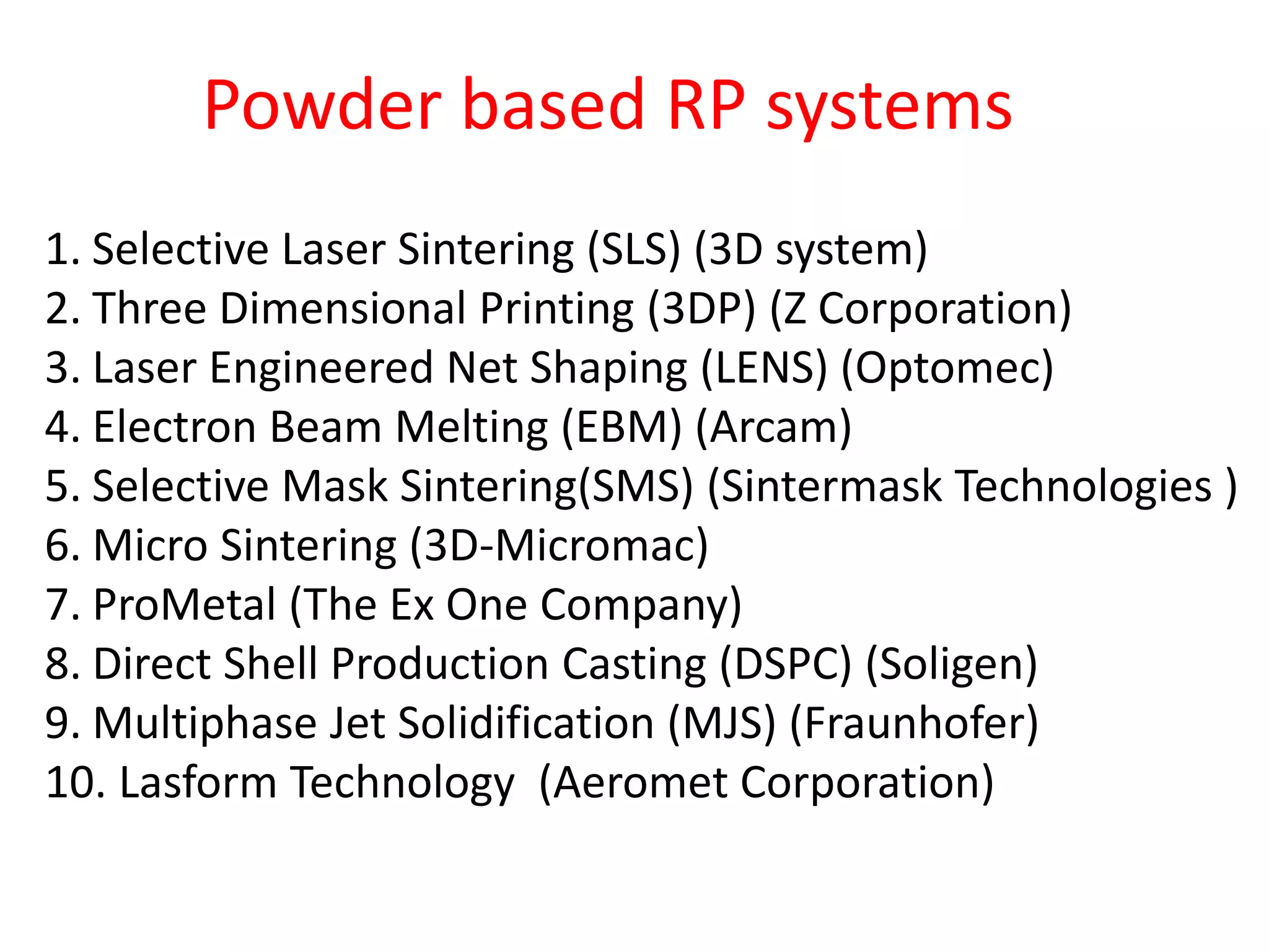 Powder based RP systems
1. Selective Laser Sintering (SLS) (3D system)
2. Three Dimensional Printing (3DP) (Z Corporation)
3. Laser Engineered Net Shaping (LENS) (Optomec)
4. Electron Beam Melting (EBM) (Arcam)
5. Selective Mask Sintering(SMS) (Sintermask Technologies )
6. Micro Sintering (3D-Micromac)
7. ProMetal (The Ex One Company)
8. Direct Shell Production Casting (DSPC) (Soligen)
9. Multiphase Jet Solidification (MJS) (Fraunhofer)
10. Lasform Technology (Aeromet Corporation)
 