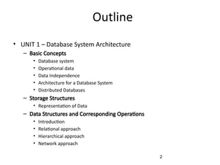 Outline
2
• UNIT 1 – Database System Architecture
– Basic Concepts
• Database system
• Operational data
• Data Independence
• Architecture for a Database System
• Distributed Databases
– Storage Structures
• Representation of Data
– Data Structures and Corresponding Operations
• Introduction
• Relational approach
• Hierarchical approach
• Network approach
 