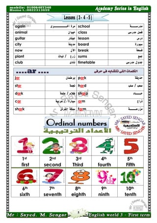 5 
again 
مرة أخــــــــــرى 
school 
مدرســــة 
animal 
حيوان 
class 
فصل مدرسى 
guitar 
جيتار 
lesson 
درس 
city 
مدينة 
board 
سبورة 
now 
الأن 
break 
فسحة 
plant 
زرع / نبات 
sums 
جمع 
club 
نادى 
timetable 
جدول مدرسى 
jar 
برطمان 
park 
حديقة 
star 
نجمة 
hard 
صعب / صلب 
dark 
ظلام / عتمة 
sharp 
حــــاد 
car 
سيارة / عربية 
arm 
ذراع 
shark 
سمكة القرش 
farm 
مزرعـــــة 
5th 
Fifth 
4th 
fourth 
3rd 
Third 
2nd second 
1st 
first 
10th 
tenth 
9th 
ninth 
8th 
eighth 
7th 
seventh 
6th 
sixth 
 