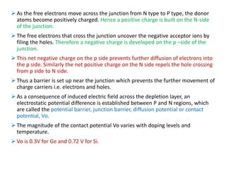  As the free electrons move across the junction from N type to P type, the donor
atoms become positively charged. Hence a positive charge is built on the N-side
of the junction.
 The free electrons that cross the junction uncover the negative acceptor ions by
filing the holes. Therefore a negative charge is developed on the p –side of the
junction.
 This net negative charge on the p side prevents further diffusion of electrons into
the p side. Similarly the net positive charge on the N side repels the hole crossing
from p side to N side.
 Thus a barrier is set up near the junction which prevents the further movement of
charge carriers i.e. electrons and holes.
 As a consequence of induced electric field across the depletion layer, an
electrostatic potential difference is established between P and N regions, which
are called the potential barrier, junction barrier, diffusion potential or contact
potential, Vo.
 The magnitude of the contact potential Vo varies with doping levels and
temperature.
 Vo is 0.3V for Ge and 0.72 V for Si.
 