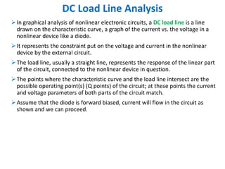 DC Load Line Analysis
In graphical analysis of nonlinear electronic circuits, a DC load line is a line
drawn on the characteristic curve, a graph of the current vs. the voltage in a
nonlinear device like a diode.
It represents the constraint put on the voltage and current in the nonlinear
device by the external circuit.
The load line, usually a straight line, represents the response of the linear part
of the circuit, connected to the nonlinear device in question.
The points where the characteristic curve and the load line intersect are the
possible operating point(s) (Q points) of the circuit; at these points the current
and voltage parameters of both parts of the circuit match.
Assume that the diode is forward biased, current will flow in the circuit as
shown and we can proceed.
 