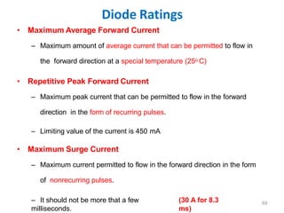 Diode Ratings
• Maximum Average Forward Current
– Maximum amount of average current that can be permitted to flow in
the forward direction at a special temperature (25o C)
• Repetitive Peak Forward Current
– Maximum peak current that can be permitted to flow in the forward
direction in the form of recurring pulses.
– Limiting value of the current is 450 mA
• Maximum Surge Current
– Maximum current permitted to flow in the forward direction in the form
of nonrecurring pulses.
– It should not be more that a few
milliseconds.
(30 A for 8.3
ms)
69
 