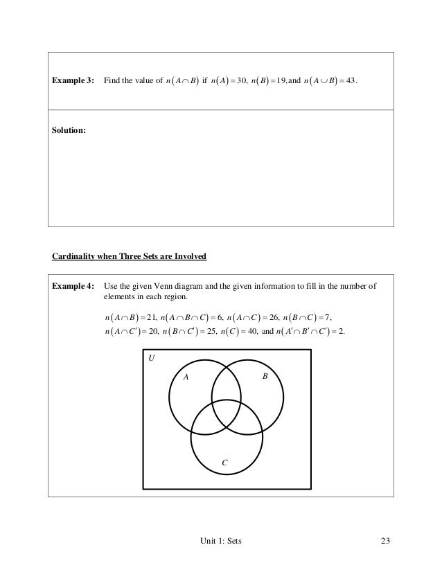 unit 1 sets lecture notes use the given information to fill in the number of elements for each region in the venn diagram