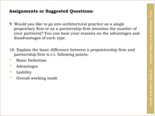 Assignments or Suggested Questions:
9. Would you like to go into architectural practice as a single
proprietary firm or as a partnership firm (mention the number of
your partners)? You can base your reasons on the advantages and
disadvantages of each type.
10. Explain the basic difference between a proprietorship firm and
partnership firm w.r.t. following points:
 Basic Definition
 Advantages
 Liability
 Overall working mode
Fourth
year
term
I
2020-21
Sinhgad
College
Of
Architecture
,
Pune
 