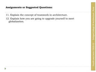 Assignments or Suggested Questions:
11. Explain the concept of teamwork in architecture.
12. Explain how you are going to upgrade yourself to meet
globalization.
Fourth
year
term
I
2020-21
Sinhgad
College
Of
Architecture
,
Pune
 