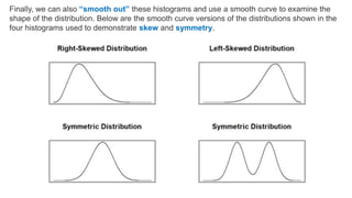 Finally, we can also “smooth out” these histograms and use a smooth curve to examine the
shape of the distribution. Below are the smooth curve versions of the distributions shown in the
four histograms used to demonstrate skew and symmetry.
 