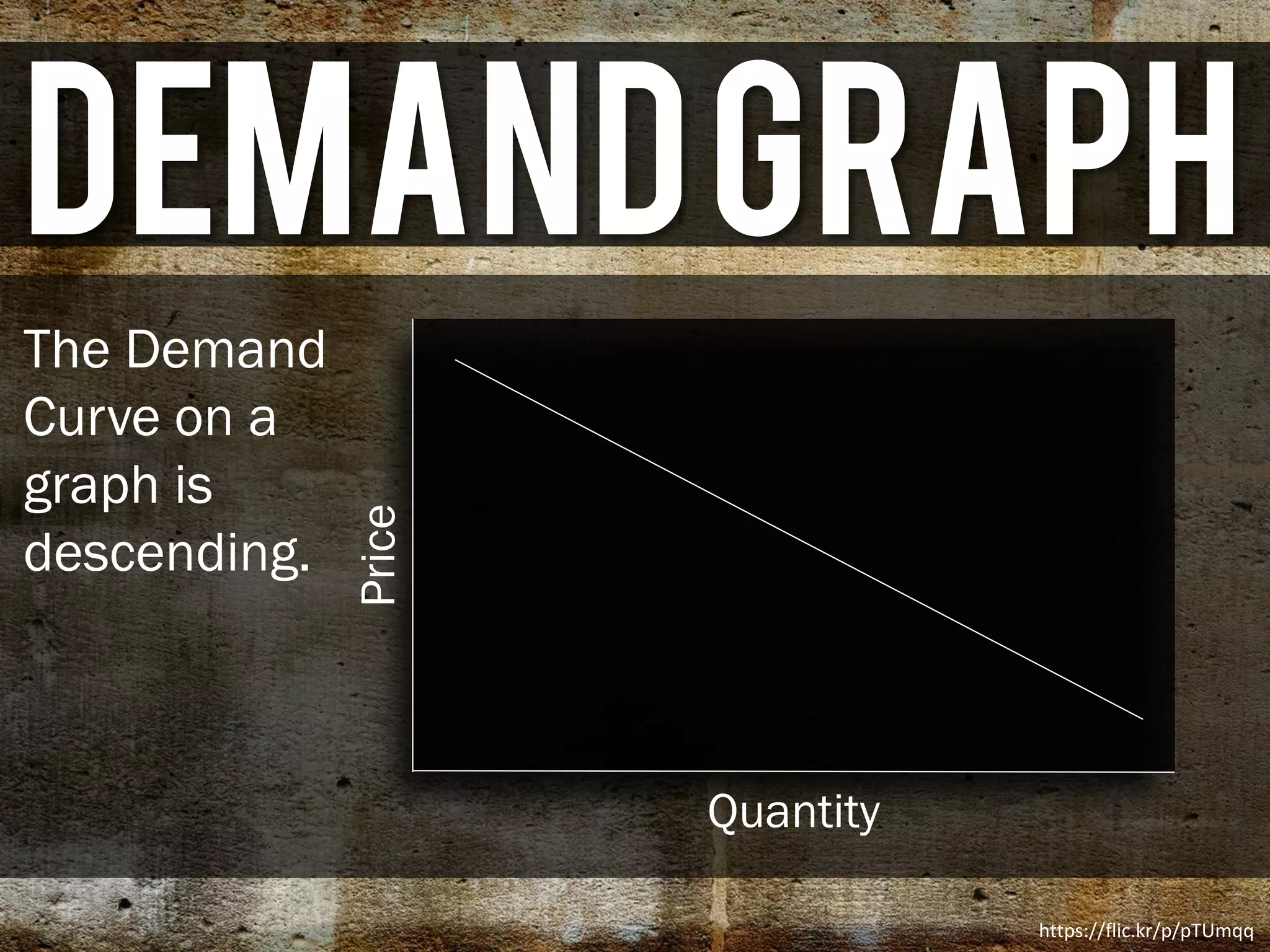 DemandGraph
The Demand
Curve on a
graph is
descending.
https://flic.kr/p/pTUmqq
Quantity
Price