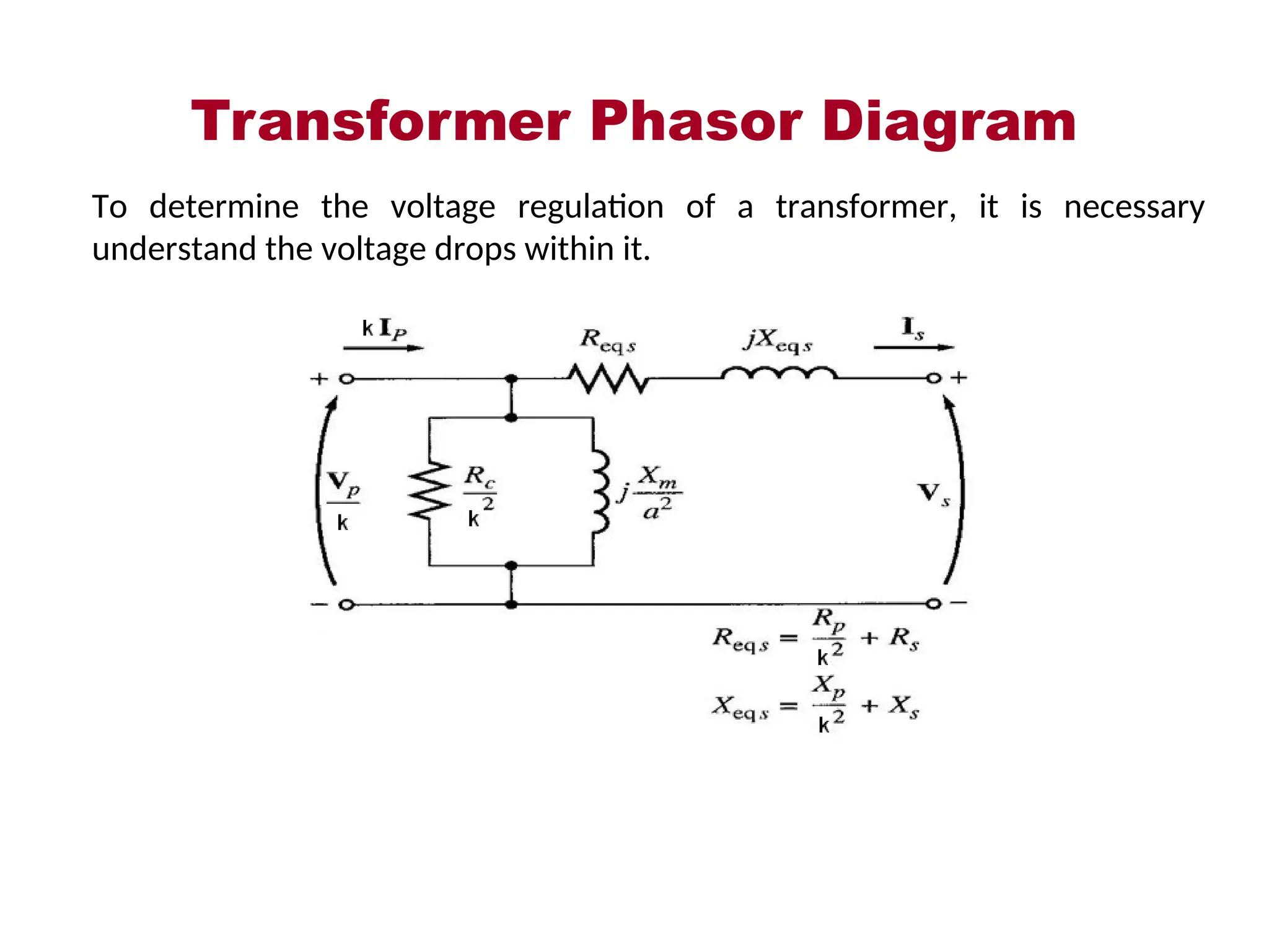Transformer Phasor Diagram
To determine the voltage regulation of a transformer, it is necessary
understand the voltage drops within it.
 