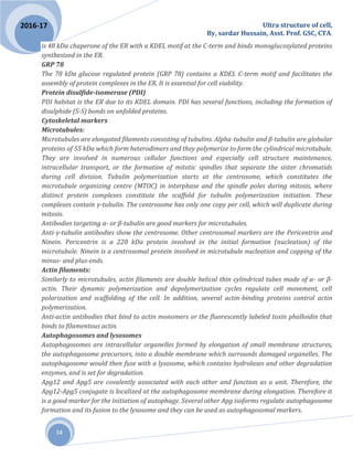 Ultra structure of cell,
By, sardar Hussain, Asst. Prof. GSC, CTA.
34
2016-17
is 48 kDa chaperone of the ER with a KDEL motif at the C-term and binds monoglucosylated proteins
synthesized in the ER.
GRP 78
The 78 kDa glucose regulated protein (GRP 78) contains a KDEL C-term motif and facilitates the
assembly of protein complexes in the ER. It is essential for cell viability.
Protein disulfide-isomerase (PDI)
PDI habitat is the ER due to its KDEL domain. PDI has several functions, including the formation of
disulphide (S-S) bonds on unfolded proteins.
Cytoskeletal markers
Microtubules:
Microtubules are elongated filaments consisting of tubulins. Alpha-tubulin and β-tubulin are globular
proteins of 55 kDa which form heterodimers and they polymerize to form the cylindrical microtubule.
They are involved in numerous cellular functions and especially cell structure maintenance,
intracellular transport, or the formation of mitotic spindles that separate the sister chromatids
during cell division. Tubulin polymerization starts at the centrosome, which constitutes the
microtubule organizing centre (MTOC) in interphase and the spindle poles during mitosis, where
distinct protein complexes constitute the scaffold for tubulin polymerization initiation. These
complexes contain γ-tubulin. The centrosome has only one copy per cell, which will duplicate during
mitosis.
Antibodies targeting α- or β-tubulin are good markers for microtubules.
Anti-γ-tubulin antibodies show the centrosome. Other centrosomal markers are the Pericentrin and
Ninein. Pericentrin is a 220 kDa protein involved in the initial formation (nucleation) of the
microtubule. Ninein is a centrosomal protein involved in microtubule nucleation and capping of the
minus- and plus-ends.
Actin filaments:
Similarly to microtubules, actin filaments are double helical thin cylindrical tubes made of α- or β-
actin. Their dynamic polymerization and depolymerization cycles regulate cell movement, cell
polarization and scaffolding of the cell. In addition, several actin-binding proteins control actin
polymerization.
Anti-actin antibodies that bind to actin monomers or the fluorescently labeled toxin phalloidin that
binds to filamentous actin.
Autophagosomes and lysosomes
Autophagosomes are intracellular organelles formed by elongation of small membrane structures,
the autophagosome precursors, into a double membrane which surrounds damaged organelles. The
autophagosome would then fuse with a lysosome, which contains hydrolases and other degradation
enzymes, and is set for degradation.
Apg12 and Apg5 are covalently associated with each other and function as a unit. Therefore, the
Apg12-Apg5 conjugate is localized at the autophagosome membrane during elongation. Therefore it
is a good marker for the initiation of autophagy. Several other Apg isoforms regulate autophagosome
formation and its fusion to the lysosome and they can be used as autophagosomal markers.
 