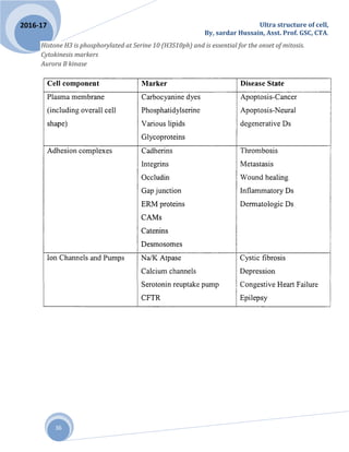 Ultra structure of cell,
By, sardar Hussain, Asst. Prof. GSC, CTA.
36
2016-17
Histone H3 is phosphorylated at Serine 10 (H3S10ph) and is essential for the onset of mitosis.
Cytokinesis markers
Aurora B kinase
 