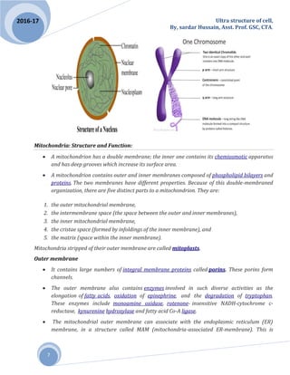 Ultra structure of cell,
By, sardar Hussain, Asst. Prof. GSC, CTA.
7
2016-17
Mitochondria: Structure and Function:
 A mitochondrion has a double membrane; the inner one contains its chemiosmotic apparatus
and has deep grooves which increase its surface area.
 A mitochondrion contains outer and inner membranes composed of phospholipid bilayers and
proteins. The two membranes have different properties. Because of this double-membraned
organization, there are five distinct parts to a mitochondrion. They are:
1. the outer mitochondrial membrane,
2. the intermembrane space (the space between the outer and inner membranes),
3. the inner mitochondrial membrane,
4. the cristae space (formed by infoldings of the inner membrane), and
5. the matrix (space within the inner membrane).
Mitochondria stripped of their outer membrane are called mitoplasts.
Outer membrane
 It contains large numbers of integral membrane proteins called porins. These porins form
channels.
 The outer membrane also contains enzymes involved in such diverse activities as the
elongation of fatty acids, oxidation of epinephrine, and the degradation of tryptophan.
These enzymes include monoamine oxidase, rotenone- insensitive NADH-cytochrome c-
reductase, kynurenine hydroxylase and fatty acid Co-A ligase.
 The mitochondrial outer membrane can associate with the endoplasmic reticulum (ER)
membrane, in a structure called MAM (mitochondria-associated ER-membrane). This is
 