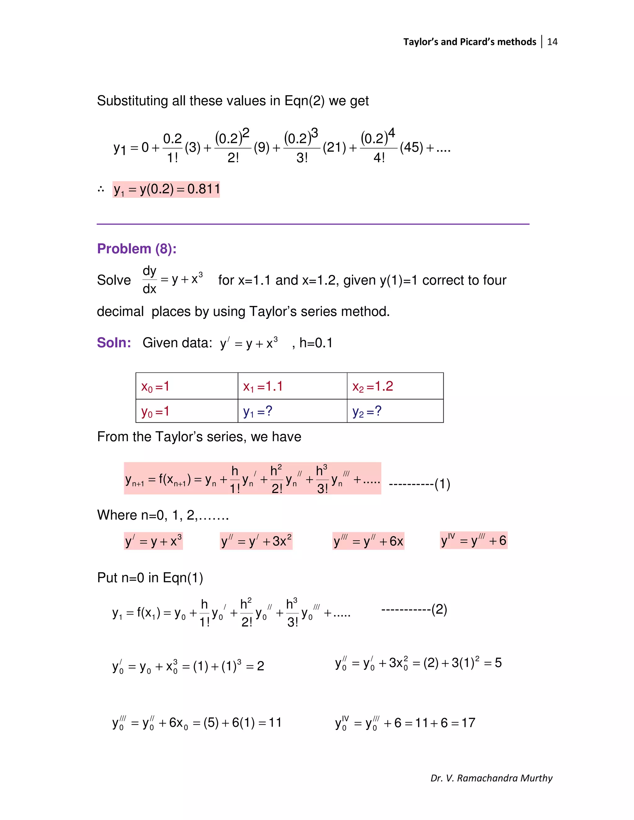 Taylor’s and Picard’s methods 14
Dr. V. Ramachandra Murthy
Substituting all these values in Eqn(2) we get
∴
_________________________________________________________
Problem (8):
Solve for x=1.1 and x=1.2, given y(1)=1 correct to four
decimal places by using Taylor’s series method.
Soln: Given data: , h=0.1
From the Taylor’s series, we have
----------(1)
Where n=0, 1, 2,…….
Put n=0 in Eqn(1)
-----------(2)
x0 =1 x1 =1.1 x2 =1.2
y0 =1 y1 =? y2 =?
( ) ( ) ( ) ....(45)
4!
40.2
(21)
3!
30.2
(9)
2!
20.2
(3)
1!
0.2
01y +++++=
0.811y(0.2)y1 ==
.....y
3!
h
y
2!
h
y
1!
h
y)f(xy
///
n
3
//
n
2
/
nn1n1n ++++== ++
.....y
3!
h
y
2!
h
y
1!
h
y)f(xy
///
0
3
//
0
2
/
0011 ++++==
3
xy
dx
dy
+=
3/
xyy +=
3/
xyy += 2///
3xyy += 6xyy /////
+= 6yy ///IV
+=
53(1)(2)3xyy 22
0
/
0
//
0 =+=+=
116(1)(5)6xyy 0
//
0
///
0 =+=+=
2(1)(1)xyy 33
00
/
0 =+=+=
176116yy ///
0
IV
0 =+=+=
 