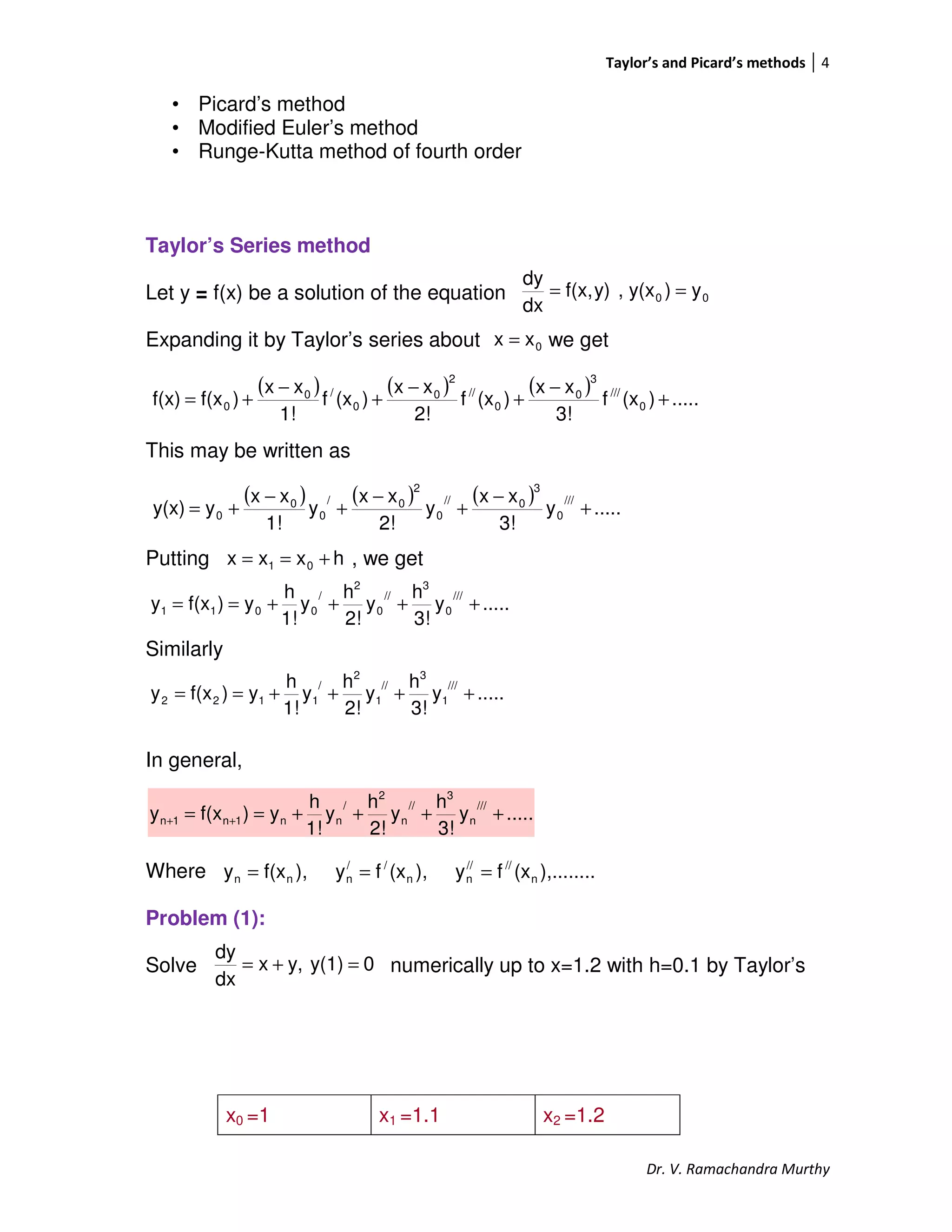 Taylor’s and Picard’s methods 4
Dr. V. Ramachandra Murthy
• Picard’s method
• Modified Euler’s method
• Runge-Kutta method of fourth order
Taylor’s Series method
Let y = f(x) be a solution of the equation
Expanding it by Taylor’s series about we get
This may be written as
Putting , we get
Similarly
In general,
Where
Problem (1):
Solve numerically up to x=1.2 with h=0.1 by Taylor’s
x0 =1 x1 =1.1 x2 =1.2
00 y)y(x,y)f(x,
dx
dy
==
0xx =
( ) ( ) ( ) .....)(xf
3!
xx
)(xf
2!
xx
)(xf
1!
xx
)f(xf(x) 0
///
3
0
0
//
2
0
0
/0
0 +
−
+
−
+
−
+=
( ) ( ) ( ) .....y
3!
xx
y
2!
xx
y
1!
xx
yy(x)
///
0
3
0//
0
2
0/
0
0
0 +
−
+
−
+
−
+=
hxxx 01 +==
.....y
3!
h
y
2!
h
y
1!
h
y)f(xy
///
0
3
//
0
2
/
0011 ++++==
.....y
3!
h
y
2!
h
y
1!
h
y)f(xy
///
1
3
//
1
2
/
1122 ++++==
.....y
3!
h
y
2!
h
y
1!
h
y)f(xy
///
n
3
//
n
2
/
nn1n1n ++++== ++
),........(xfy),(xfy),f(xy n
////
nn
//
nnn ===
0y(1)y,x
dx
dy
=+=
 