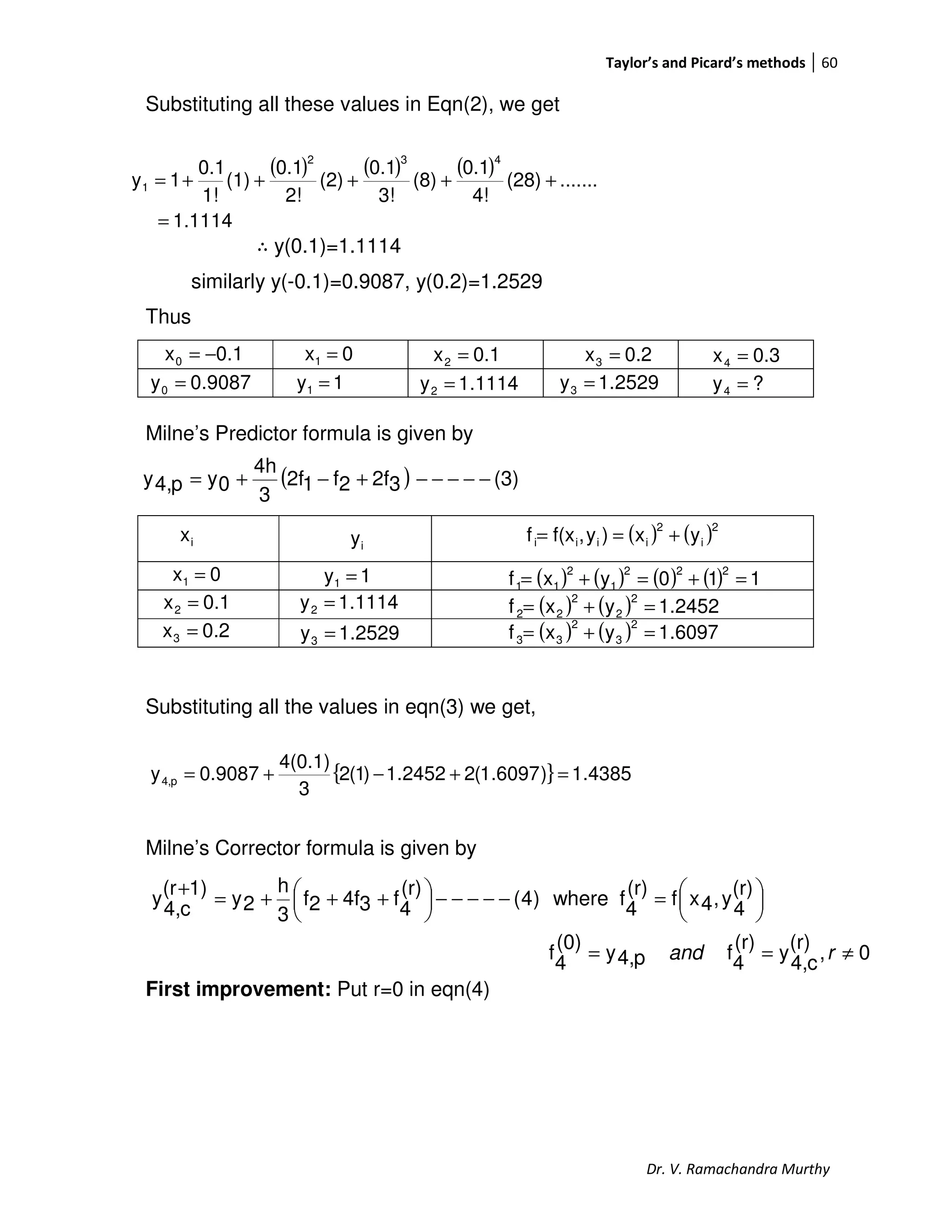 Taylor’s and Picard’s methods 60
Dr. V. Ramachandra Murthy
Substituting all these values in Eqn(2), we get
∴ y(0.1)=1.1114
similarly y(-0.1)=0.9087, y(0.2)=1.2529
Thus
Milne’s Predictor formula is given by
Substituting all the values in eqn(3) we get,
Milne’s Corrector formula is given by
First improvement: Put r=0 in eqn(4)
( ) ( ) ( )
1.1114
.......(28)
4!
0.1
(8)
3!
0.1
(2)
2!
0.1
(1)
1!
0.1
1y
432
1
=
+++++=
0.1x0 −=
1y1 =
0x1 = 0.1x2 = 0.2x3 = 0.3x4 =
9087.0y0 = 1114.1y2 = 2529.1y3 = ?y4 =
( ) (3)32f2f12f
3
4h
0yp4,y −−−−−+−+=
( ) ( )2
i
2
iiii yx)y,f(xf +==ix iy
0x1 = 1y1 = ( ) ( ) ( ) ( ) 110yxf
222
1
2
11 =+=+=
0.1x2 = 1114.1y2 = ( ) ( ) 2452.1yxf
2
2
2
22 =+=
0.2x3 = 2529.1y3 = ( ) ( ) 6097.1yxf
2
3
2
33 =+=
{ } 4385.1)6097.1(22452.1)1(2
3
4(0.1)
0.9087y p4, =+−+=
0,
(r)
c4,
y
(r)
4
fp4,y
(0)
4
f
(r)
4
y,4xf
(r)
4
fwhere)4(
(r)
4
f34f2f
3
h
2y
1)(r
c4,
y
≠==





=−−−−−




 +++=
+
rand
 