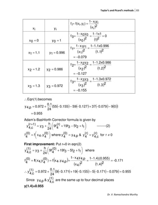 Taylor’s and Picard’s methods 83
Dr. V. Ramachandra Murthy
ix iy ( )2
ix
iyix-1
)iy,if(xif ==
00x = 10y = ( ) ( )
0
21
1x1-1
2
0x
0y0x-1
0f ===
.111x = 996.01y = ( ) ( )
0.079
21.1
1.1x0.996-1
2
1x
1y1x-1
1f
−=
==
1.22x = 986.02y = ( ) ( )
0.127
21.2
1.2x0.986-1
2
2x
2y2x-1
2f
−=
==
1.33x = 972.03y = ( ) ( )
155.0
21.3
1.3x0.972-1
2
3x
3y3x-1
3f
−=
==
( ) ( ) ( ) ( )( )
955.0
090.079-370.127-590.155-55
24
0.1
0.972p4,y
becomesEqn(1)
=
−+−+=
∴
Adam’s-Bashforth Corrector formula is given by





 +−++=
+
1f25f319f
(r)
4
9f
24
h
3y
1)(r
c4,
y --------(2)
0rfor
(r)
c4,
y
(r)
4
y&p4,y
(0)
4
ywhere
(0)
4
y,4xf
(0)
4
f ≠==




=
First improvement: Put r=0 in eqn(2)
( )
( ) ( )
( ) ( ) ( )( ) 955.00.0790.171-50.155-190.171-9
24
0.1
0.972
(1)
c4,
y
-0.171
21.4
)1.4)(0.955-1
2
4x
p4,y4x-1
p4,y,4xf)
(0)
4
y,4(
(0)
4
f
where1f25f319f
(0)
4
9f
24
h
3y
(1)
c4,
y
=−−++=∴
=====





 +−++=
xf
Since
(1)
c4,
y&p4,y are the same up to four decimal places
y(1.4)=0.955
 