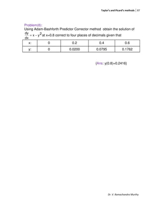 Taylor’s and Picard’s methods 87
Dr. V. Ramachandra Murthy
Problem(8):
Using Adam-Bashforth Predictor Corrector method obtain the solution of
2yx
dx
dy
−= at x=0.8 correct to four places of decimals given that
x: 0 0.2 0.4 0.6
y: 0 0.0200 0.0795 0.1762
{Ans: y(0.8)=0.2416}
 