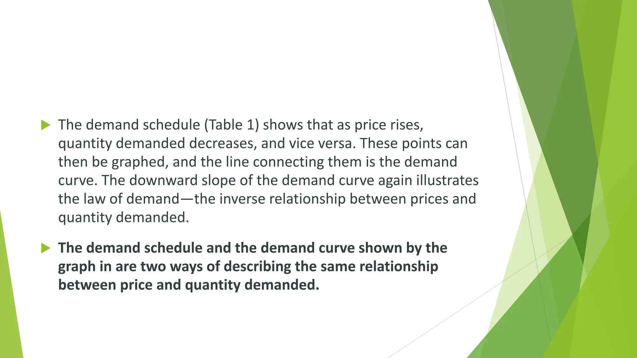  The demand schedule (Table 1) shows that as price rises,
quantity demanded decreases, and vice versa. These points can
then be graphed, and the line connecting them is the demand
curve. The downward slope of the demand curve again illustrates
the law of demand—the inverse relationship between prices and
quantity demanded.
 The demand schedule and the demand curve shown by the
graph in are two ways of describing the same relationship
between price and quantity demanded.
 