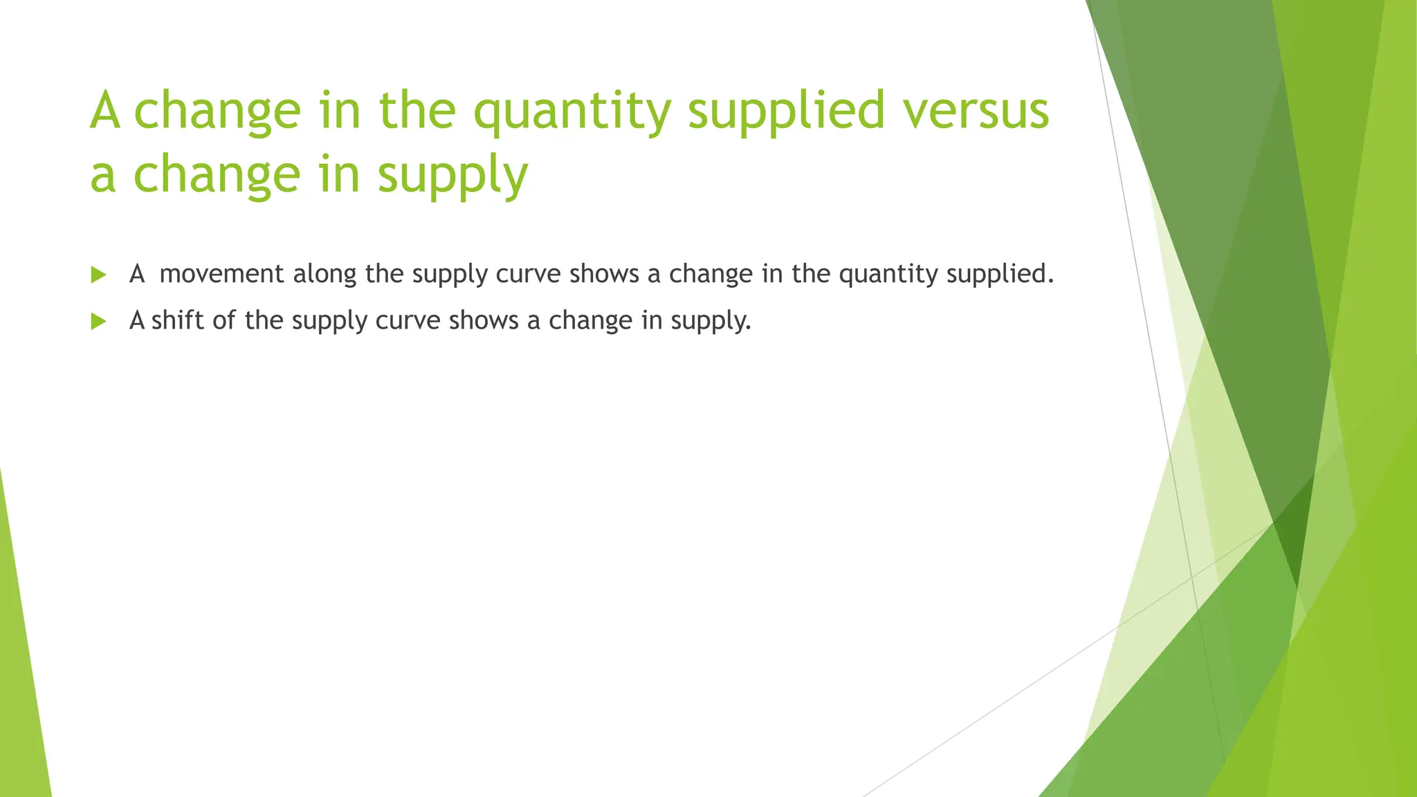 A change in the quantity supplied versus
a change in supply
 A movement along the supply curve shows a change in the quantity supplied.
 A shift of the supply curve shows a change in supply.
 