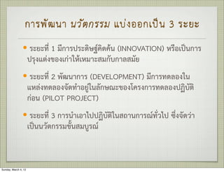 การพ ั ฒ นา นว ั ต กรรม แบ ง ออกเป น 3 ระยะ
                — ระยะที่ 1 มีการประดิษฐคิดคน (INNOVATION) หรือเปนการ
                      ปรุงแตงของเกาใหเหมาะสมกับกาลสมัย
                — ระยะที่ 2 พัฒนาการ (DEVELOPMENT) มีการทดลองใน
                      แหลงทดลองจัดทำอยูในลักษณะของโครงการทดลองปฏิบัติ
                      กอน (PILOT PROJECT)
                — ระยะที่ 3 การนำเอาไปปฏิบัติในสถานการณทั่วไป ซึ่งจัดวา
                      เปนนวัตกรรมขั้นสมบูรณ


Sunday, March 4, 12
 