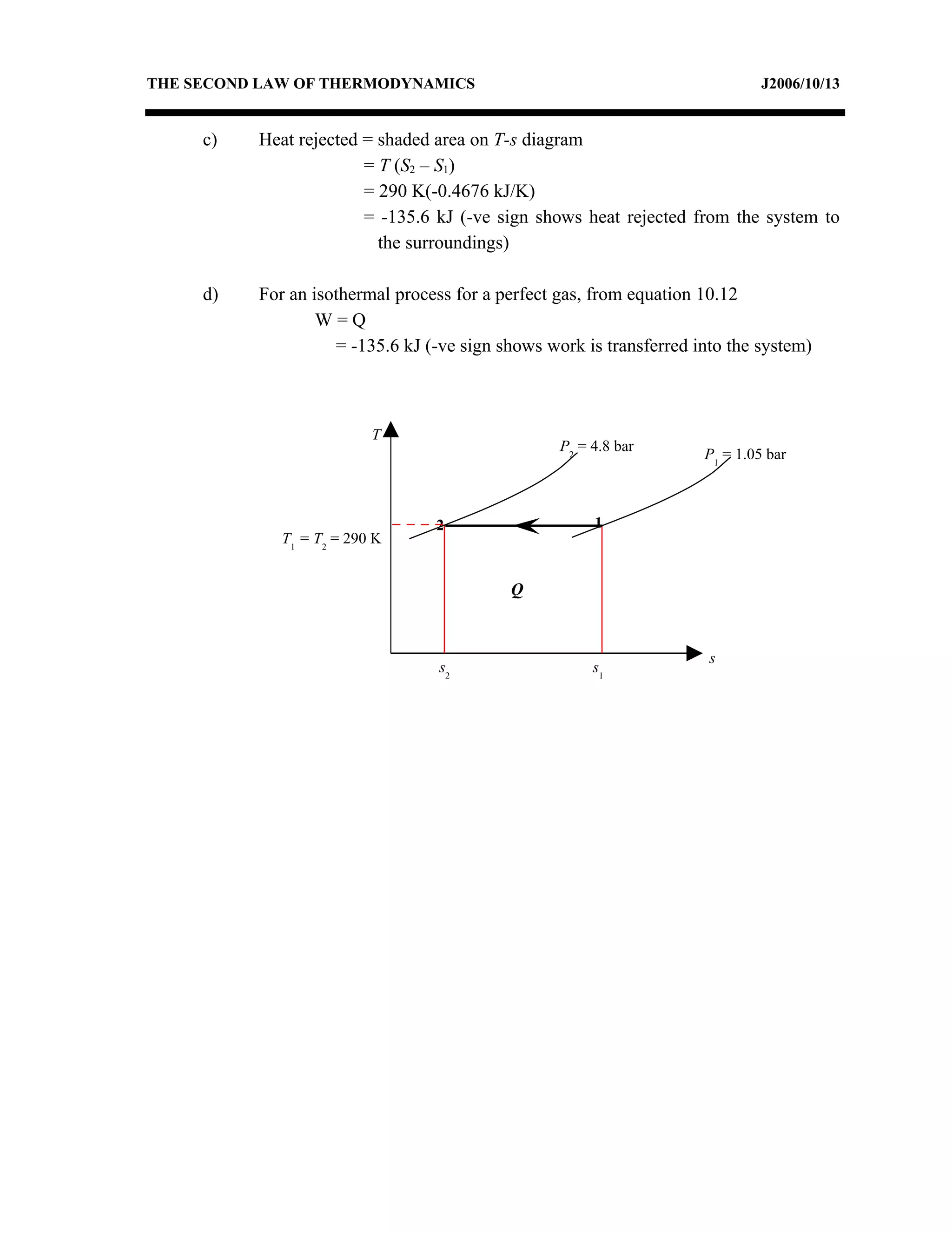 THE SECOND LAW OF THERMODYNAMICS                                              J2006/10/13


     c)   Heat rejected = shaded area on T-s diagram
                        = T (S2 – S1)
                        = 290 K(-0.4676 kJ/K)
                        = -135.6 kJ (-ve sign shows heat rejected from the system to
                          the surroundings)

     d)   For an isothermal process for a perfect gas, from equation 10.12
                  W=Q
                    = -135.6 kJ (-ve sign shows work is transferred into the system)



                          T
                                                  P2 = 4.8 bar
                                                                     P1 = 1.05 bar



                                 2                     1
             T1 = T2 = 290 K


                                           Q


                                                                      s
                                  s2                   s1
 
