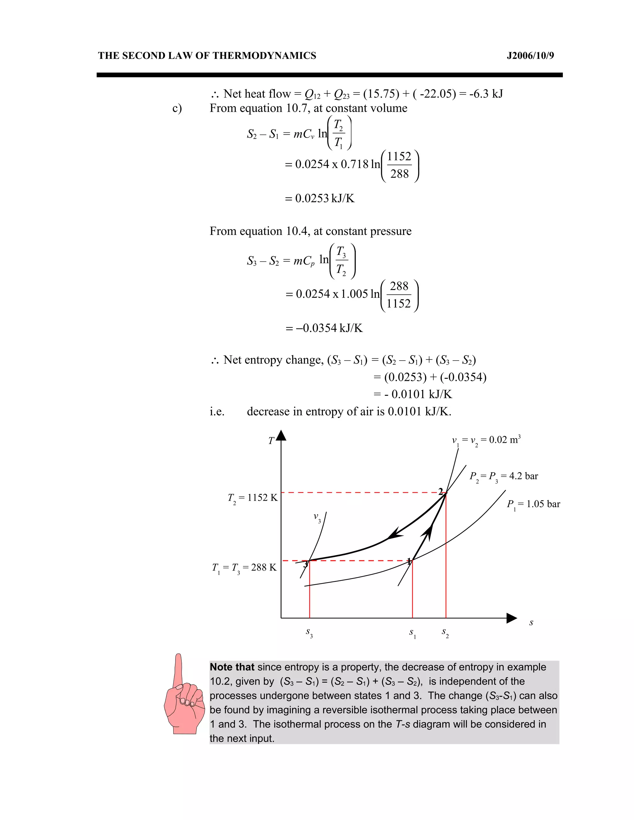 THE SECOND LAW OF THERMODYNAMICS                                                   J2006/10/9


                ∴ Net heat flow = Q12 + Q23 = (15.75) + ( -22.05) = -6.3 kJ
          c)    From equation 10.7, at constant volume
                                        T2 
                      S2 – S1 = mCv ln 
                                        T1 
                                                   1152 
                              = 0.0254 x 0.718 ln       
                                                   288 
                                  = 0.0253 kJ/K

                From equation 10.4, at constant pressure
                                         T3 
                        S3 – S2 = mCp ln 
                                        T 
                                         2
                                                      288 
                                  = 0.0254 x 1.005 ln      
                                                      1152 
                                  = −0.0354 kJ/K

                ∴ Net entropy change, (S3 – S1) = (S2 – S1) + (S3 – S2)
                                                = (0.0253) + (-0.0354)
                                                = - 0.0101 kJ/K
                i.e.  decrease in entropy of air is 0.0101 kJ/K.

                            T                                         v1 = v2 = 0.02 m3


                                                                          P2 = P3 = 4.2 bar
                                                                2
                   T2 = 1152 K
                                                                                   P1 = 1.05 bar
                                           v3



                                     3                    1
                T1 = T3 = 288 K




                                                                                          s
                                      s3                   s1    s2


                Note that since entropy is a property, the decrease of entropy in example
                10.2, given by (S3 – S1) = (S2 – S1) + (S3 – S2), is independent of the
                processes undergone between states 1 and 3. The change (S3-S1) can also
                be found by imagining a reversible isothermal process taking place between
                1 and 3. The isothermal process on the T-s diagram will be considered in
                the next input.
 