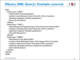 XQuery (XML Query): Example (source)
<bib>
  <book year="1994">
    <title>TCP/IP Illustrated</title>
    <author><last>Stevens</last><first>W.</first></author>
    <publisher>Addison-Wesley</publisher>
    <price>65.95</price>
  </book>
  <book year="1992">
    <title>Advanced Programming in the Unix environment</title>
    <author><last>Stevens</last><first>W.</first></author>
    <publisher>Addison-Wesley</publisher>
    <price>65.95</price>
  </book>
  <book year="2000">
    <title>Data on the Web</title>
    <author><last>Abiteboul</last><first>Serge</first></author>
    <author><last>Suciu</last><first>Dan</first></author>
    <publisher>Morgan Kaufmann Publishers</publisher>
    <price>39.95</price>
  </book>
</book>
</bib>
dsbw 2011/2012 q1                                                 13
 