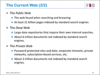 The Current Web (2/2)
 The Public Web
       The web found when searching and browsing
       At least 21 billion pages indexed by standard search engines

 The Deep Web
       Large data repositories that require their own internal searches.
       About 6 trillion documents not indexed by standard search
        engines.
 The Private Web
       Password-protected sites and data: corporate intranets, private
        networks, subscription-based services, etc.
       About 3 trillion documents not indexed by standard search
        engines.


dsbw 2011/2012 q1                                                       31
 