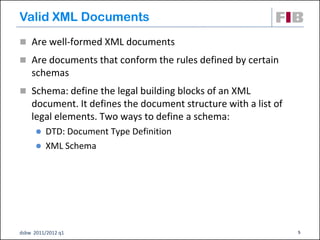 Valid XML Documents
 Are well-formed XML documents
 Are documents that conform the rules defined by certain
    schemas
 Schema: define the legal building blocks of an XML
    document. It defines the document structure with a list of
    legal elements. Two ways to define a schema:
       DTD: Document Type Definition
       XML Schema




dsbw 2011/2012 q1                                                5
 