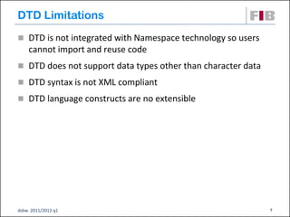 DTD Limitations
 DTD is not integrated with Namespace technology so users
    cannot import and reuse code
 DTD does not support data types other than character data

 DTD syntax is not XML compliant
 DTD language constructs are no extensible




dsbw 2011/2012 q1                                             7
 