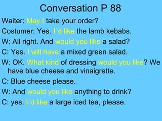 Conversation P 88
Waiter: May I take your order?
Costumer: Yes. I´d like the lamb kebabs.
W: All right. And would you like a salad?
C: Yes. I will have a mixed green salad.
W: OK. What kind of dressing would you like? We
have blue cheese and vinaigrette.
C: Blue cheese please.
W: And would you like anything to drink?
C: yes. I´d like a large iced tea, please.
 