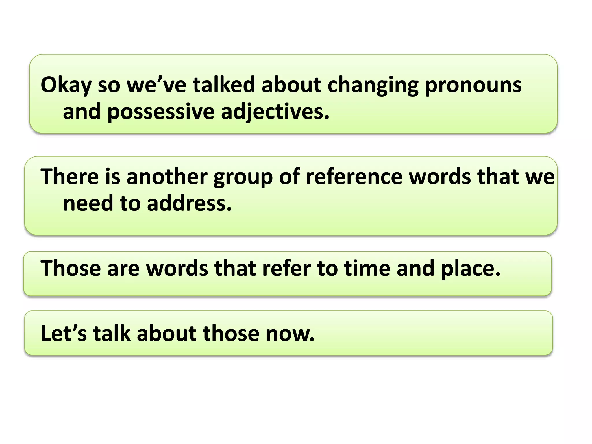 Okay so we’ve talked about changing pronouns
and possessive adjectives.
There is another group of reference words that we
need to address.
Those are words that refer to time and place.
Let’s talk about those now.
 