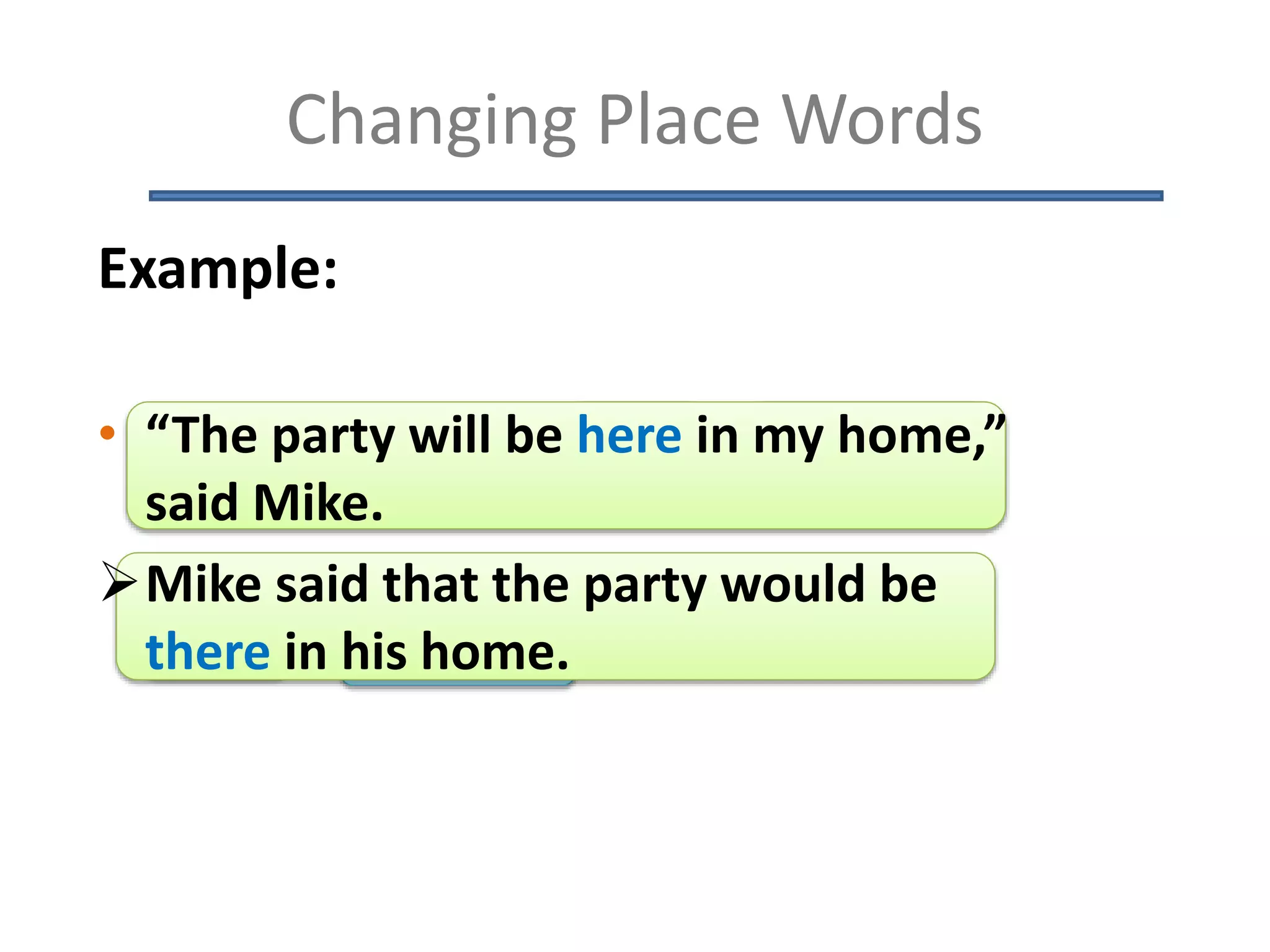 Changing Place Words
Example:
• “The party will be here in my home,”
said Mike.
Mike said that the party would be
there in his home.
 