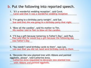 b. Put the following into reported speech.
1. ‘It’s a wonderful wedding reception’, said Carol.
................................................................................
2. ‘I’m going to a birthday party tonight’, said Sue.
...................................................................................
3. ‘Blow all the candles’, said his mother to Tim.
...................................................................................
4. ‘I’ll buy a gift because tomorrow is Father’s Day’, said Paul.
...................................................................................
...........................
5. ‘You needn’t send birthday cards to them’, says Leo.
...................................................................................
6. ‘Decorate the new planted tree with ribbons and painted
eggshells, please’, told Catherine Anna.
...................................................................................
...........................
Carol said that it was a wonderful wedding reception
Sue said that she was going to a birthday party that night.
His mother told to Tom to blow all the candles.
Paul said that he would buy a gift because the following day
was Father’s Day
Leo says that you did not need send birthday cards to them
Catherine Anna requested to decorate new planted tree
with ribbons and painted eggshells.
 