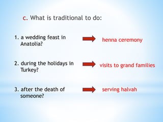c. What is traditional to do:
1. a wedding feast in
Anatolia?
2. during the holidays in
Turkey?
3. after the death of
someone?
henna ceremony
visits to grand families
serving halvah
 