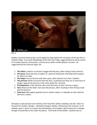 Ref. 5.
Another structural theorist that can be applied to help explore the narratives of the two films is
Vladimir Propp. In his work Morphology of the Folk Tale, Propp suggested that all stories consist
of a limited selection of characters, and also occur within limited spheres of action. He
suggested that the character types are:
1. The villain: Locked in a constant struggle with the hero, often trying to harm princess.
2. The donor: Gives the hero an object or a piece of information that helps them prepare
for what is to come.
3. The helper: Assists the hero with their quest, often referred to as their 'sidekick'.
4. The princess: Needs assistance fromthe hero, usually because they are in some form of
danger, typically the princess is the victim within the narrative.
5. The dispatcher: Is the character who sends that hero on their mission or quest.
6. Hero: Reacts to the donor and saves the princess, often resulting in them falling in love
with the princess.
7. False hero: May appear good but has an ulterior motive, or attempts to take credit for
the hero's actions.
Pennywise could easily be seen initially as the ‘false hero’ before morphing into the ‘villain’ at
the point he murders Georgie. Ultimately Georgie’s brother, Bill becomes the ‘princess’ as he
embarks upon a ‘quest’ to uncover the whereabouts of his brother which places him in danger
through his proximity to the clown Pennywise. The friends of the brother could be seen as
 