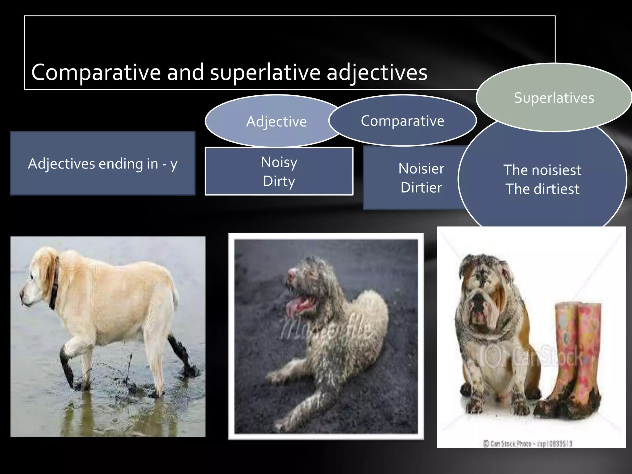 Comparative and superlative adjectives
                                                      Superlatives
                           Adjective   Comparative

Adjectives ending in - y     Noisy         Noisier   The noisiest
                             Dirty         Dirtier   The dirtiest
 