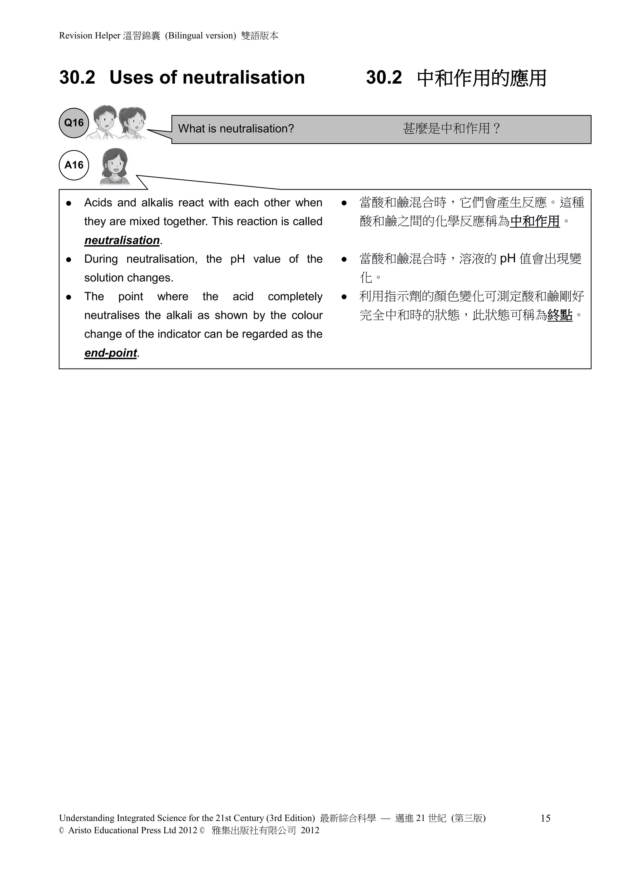 Revision Helper 溫習錦囊 (Bilingual version) 雙語版本



30.2 Uses of neutralisation                                      30.2 中和作用的應用

 Q16
                           What is neutralisation?                       甚麼是中和作用？

 A16


      Acids and alkalis react with each other when            當酸和鹼混合時，它們會產生反應。這種
       they are mixed together. This reaction is called         酸和鹼之間的化學反應稱為中和作用。
       neutralisation.
      During neutralisation, the pH value of the              當酸和鹼混合時，溶液的 pH 值會出現變
       solution changes.                                        化。
      The   point   where     the   acid   completely         利用指示劑的顏色變化可測定酸和鹼剛好
       neutralises the alkali as shown by the colour            完全中和時的狀態，此狀態可稱為終點。
       change of the indicator can be regarded as the
       end-point.




Understanding Integrated Science for the 21st Century (3rd Edition) 最新綜合科學 — 邁進 21 世紀 (第三版)   15
© Aristo Educational Press Ltd 2012 © 雅集出版社有限公司 2012
 