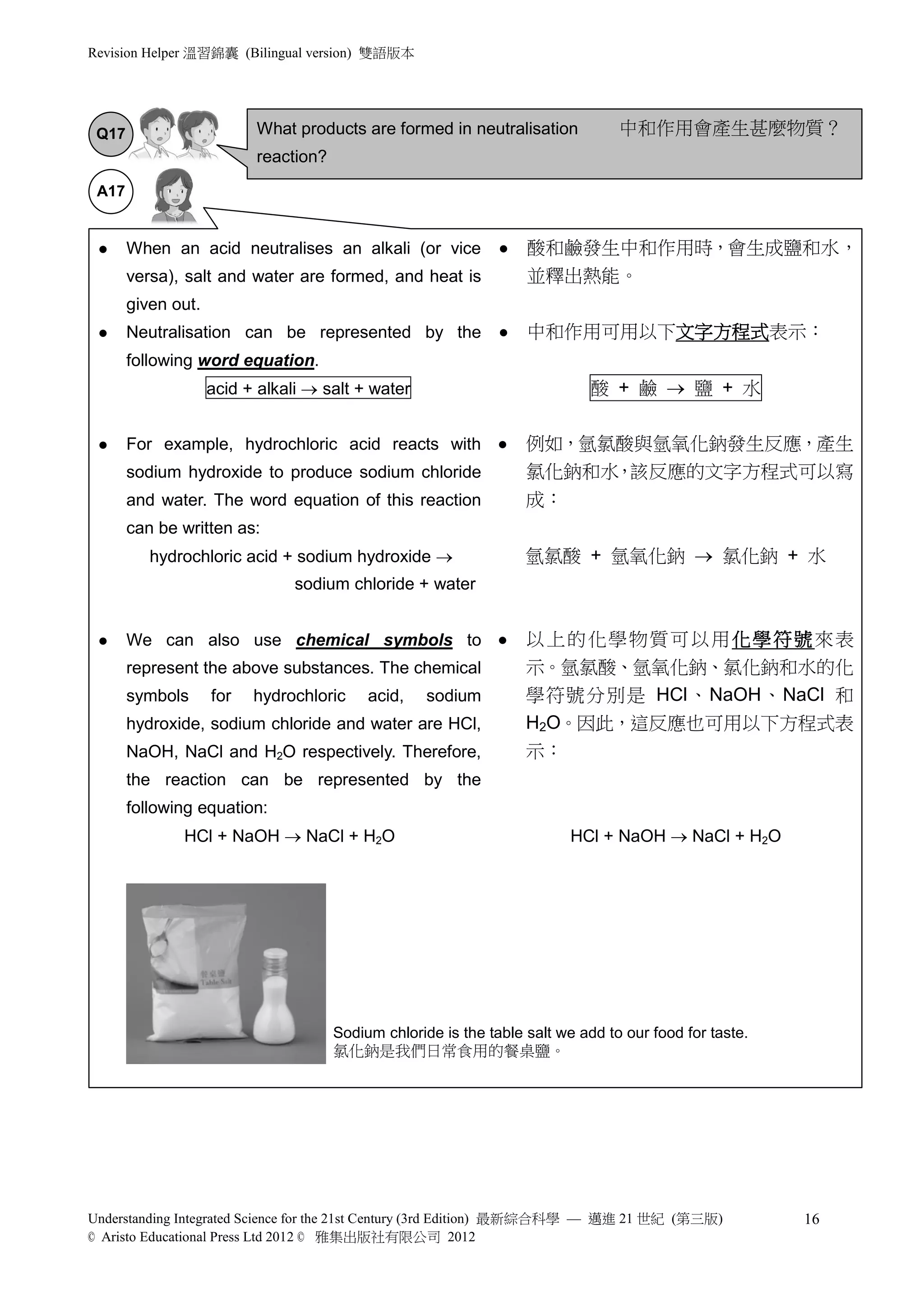 Revision Helper 溫習錦囊 (Bilingual version) 雙語版本




 Q17                      What products are formed in neutralisation             中和作用會產生甚麼物質？
                          reaction?
 A17


      When an acid neutralises an alkali (or vice                酸和鹼發生中和作用時，會生成鹽和水，
       versa), salt and water are formed, and heat is              並釋出熱能。
       given out.
      Neutralisation can be represented by the                   中和作用可用以下文字方程式表示：
       following word equation.
                    acid + alkali  salt + water                             酸 + 鹼  鹽 + 水


      For example, hydrochloric acid reacts with                 例如，氫氯酸與氫氧化鈉發生反應，產生
       sodium hydroxide to produce sodium chloride                 氯化鈉和水，該反應的文字方程式可以寫
       and water. The word equation of this reaction               成：
       can be written as:
          hydrochloric acid + sodium hydroxide                    氫氯酸 + 氫氧化鈉  氯化鈉 + 水
                                sodium chloride + water


      We can also use chemical symbols to                        以 上 的 化學 物 質可 以用 化 學 符 號 來 表
       represent the above substances. The chemical                示。氫氯酸、氫氧化鈉、氯化鈉和水的化
       symbols      for   hydrochloric     acid,    sodium         學符號分別是 HCl、NaOH、NaCl 和
       hydroxide, sodium chloride and water are HCl,               H2O。因此，這反應也可用以下方程式表
       NaOH, NaCl and H2O respectively. Therefore,                 示：
       the reaction can be represented by the
       following equation:
              HCl + NaOH  NaCl + H2O                                     HCl + NaOH  NaCl + H2O




                                      Sodium chloride is the table salt we add to our food for taste.
                                      氯化鈉是我們日常食用的餐桌鹽。




Understanding Integrated Science for the 21st Century (3rd Edition) 最新綜合科學 — 邁進 21 世紀 (第三版)             16
© Aristo Educational Press Ltd 2012 © 雅集出版社有限公司 2012
 