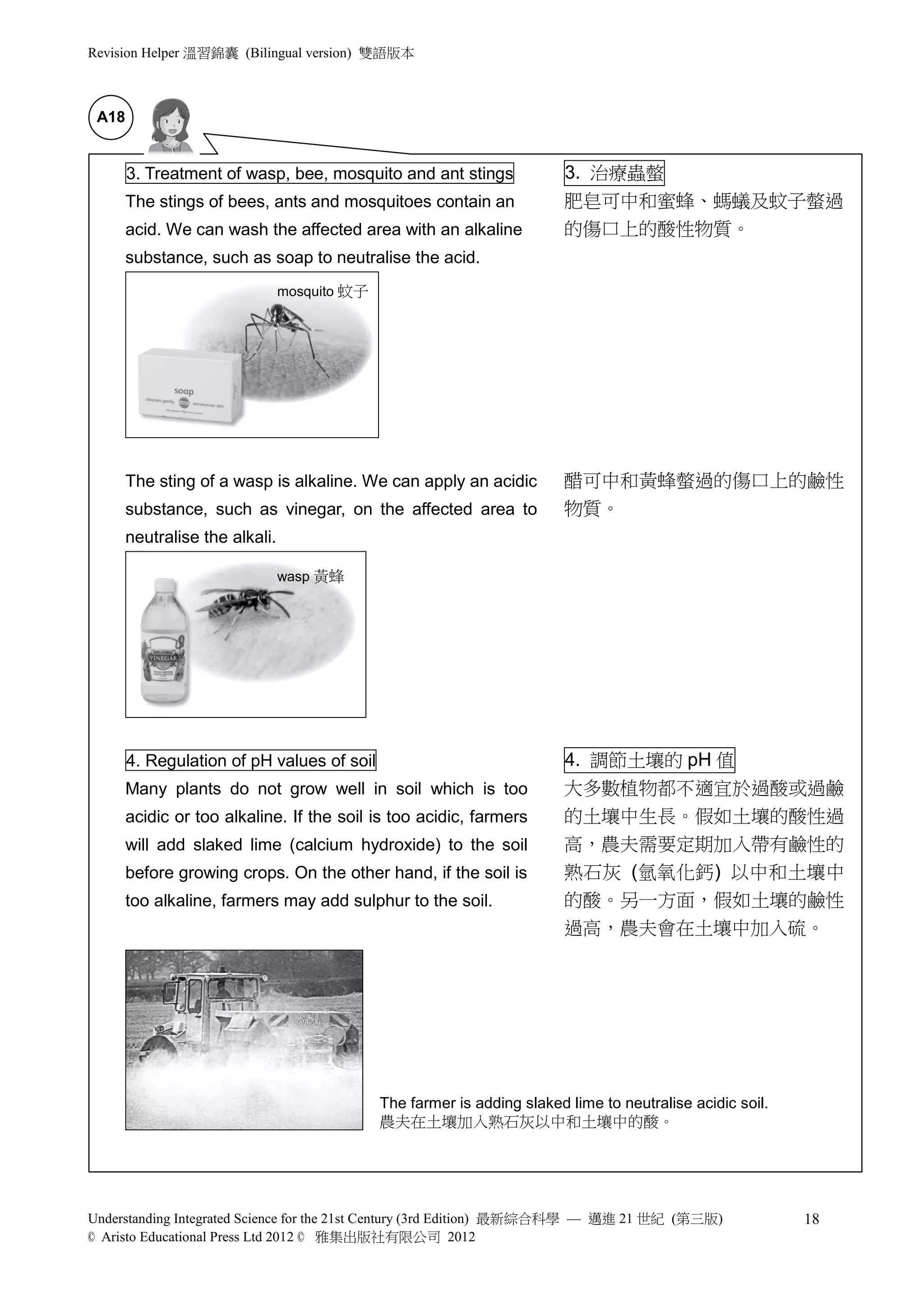 Revision Helper 溫習錦囊 (Bilingual version) 雙語版本



 A18


       3. Treatment of wasp, bee, mosquito and ant stings                3. 治療蟲螫
       The stings of bees, ants and mosquitoes contain an                肥皂可中和蜜蜂、螞蟻及蚊子螫過
       acid. We can wash the affected area with an alkaline              的傷口上的酸性物質。
       substance, such as soap to neutralise the acid.
                                mosquito 蚊子




       The sting of a wasp is alkaline. We can apply an acidic           醋可中和黃蜂螫過的傷口上的鹼性
       substance, such as vinegar, on the affected area to               物質。
       neutralise the alkali.

                                wasp 黃蜂




       4. Regulation of pH values of soil                                4. 調節土壤的 pH 值
       Many plants do not grow well in soil which is too                 大多數植物都不適宜於過酸或過鹼
       acidic or too alkaline. If the soil is too acidic, farmers        的土壤中生長。假如土壤的酸性過
       will add slaked lime (calcium hydroxide) to the soil              高，農夫需要定期加入帶有鹼性的
       before growing crops. On the other hand, if the soil is           熟石灰 (氫氧化鈣) 以中和土壤中
       too alkaline, farmers may add sulphur to the soil.                的酸。另一方面，假如土壤的鹼性
                                                                         過高，農夫會在土壤中加入硫。




                                              The farmer is adding slaked lime to neutralise acidic soil.
                                              農夫在土壤加入熟石灰以中和土壤中的酸。




Understanding Integrated Science for the 21st Century (3rd Edition) 最新綜合科學 — 邁進 21 世紀 (第三版)                 18
© Aristo Educational Press Ltd 2012 © 雅集出版社有限公司 2012
 