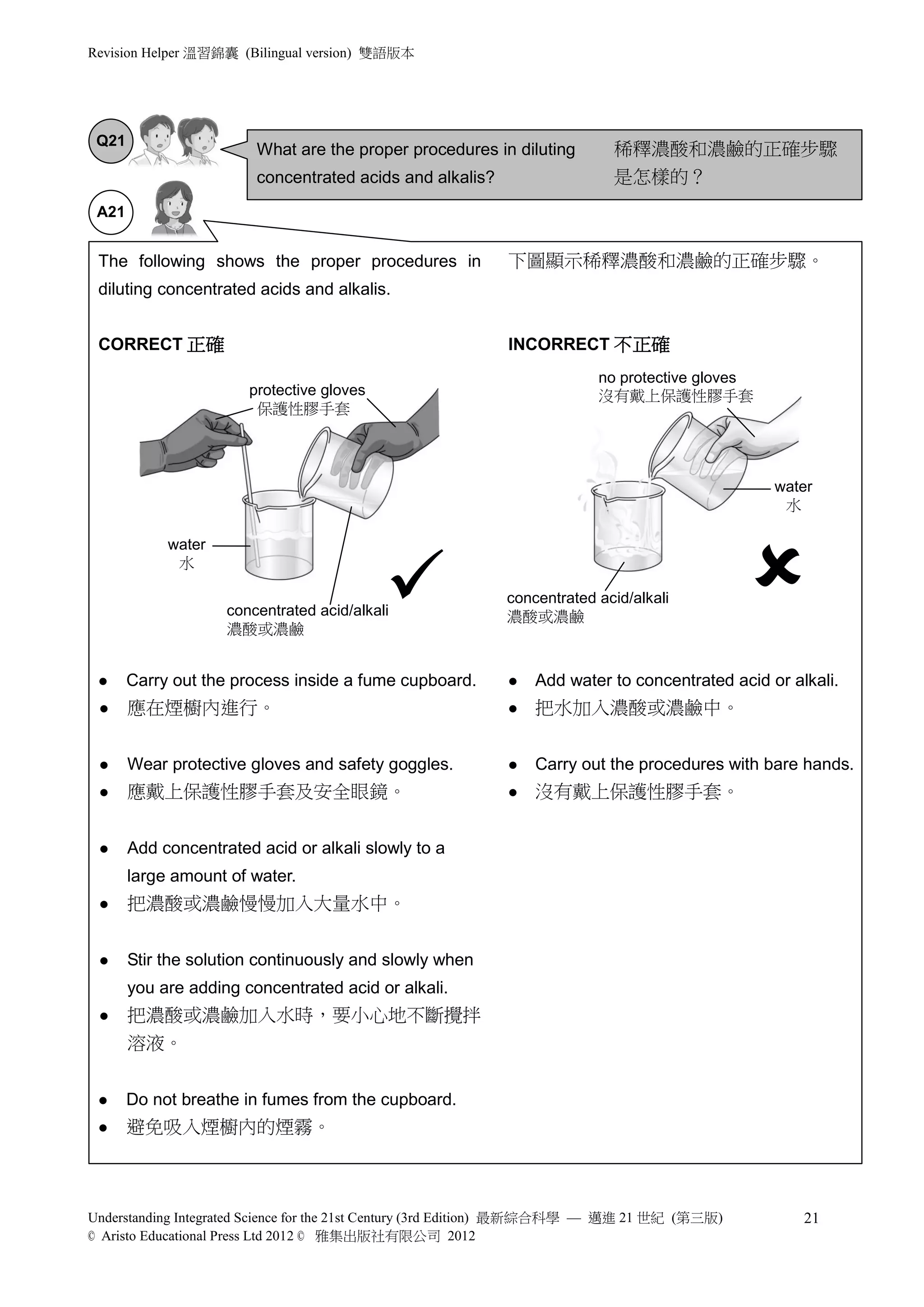 Revision Helper 溫習錦囊 (Bilingual version) 雙語版本




 Q21
                        What are the proper procedures in diluting         稀釋濃酸和濃鹼的正確步驟
                        concentrated acids and alkalis?                    是怎樣的？
 A21


 The following shows the proper procedures in               下圖顯示稀釋濃酸和濃鹼的正確步驟。
 diluting concentrated acids and alkalis.


 CORRECT 正確                                                 INCORRECT 不正確
                                                                         no protective gloves
                       protective gloves                                 沒有戴上保護性膠手套
                        保護性膠手套




                                                                                                water
                                                                                                 水




                                                                                              
            water


                                           
             水

                                                            concentrated acid/alkali
                    concentrated acid/alkali                濃酸或濃鹼
                    濃酸或濃鹼


      Carry out the process inside a fume cupboard.           Add water to concentrated acid or alkali.
      應在煙櫥內進行。                                                把水加入濃酸或濃鹼中。


      Wear protective gloves and safety goggles.              Carry out the procedures with bare hands.
      應戴上保護性膠手套及安全眼鏡。                                         沒有戴上保護性膠手套。


      Add concentrated acid or alkali slowly to a
       large amount of water.
      把濃酸或濃鹼慢慢加入大量水中。


      Stir the solution continuously and slowly when
       you are adding concentrated acid or alkali.
      把濃酸或濃鹼加入水時，要小心地不斷攪拌
       溶液。


      Do not breathe in fumes from the cupboard.
      避免吸入煙櫥內的煙霧。



Understanding Integrated Science for the 21st Century (3rd Edition) 最新綜合科學 — 邁進 21 世紀 (第三版)         21
© Aristo Educational Press Ltd 2012 © 雅集出版社有限公司 2012
 