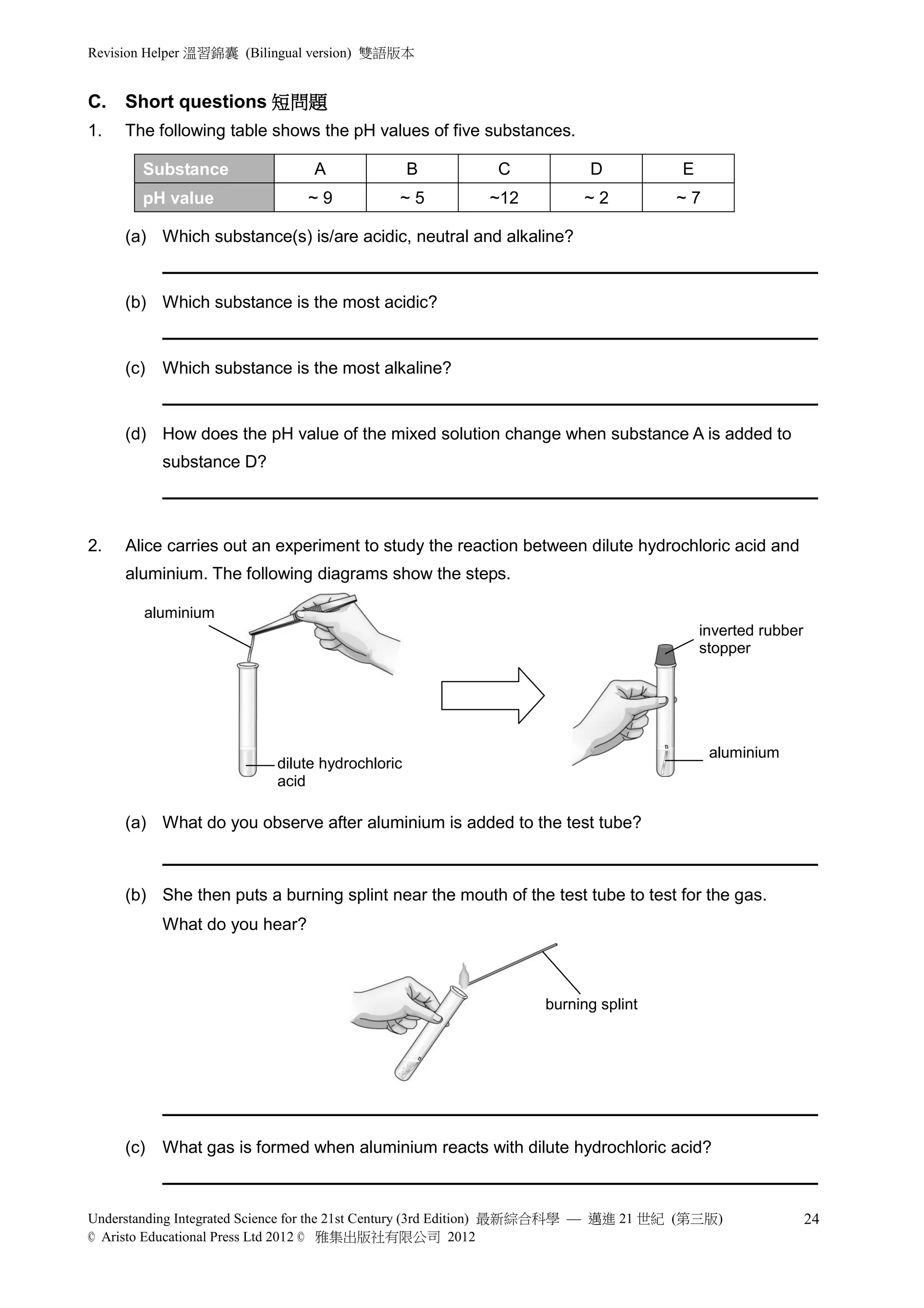 Revision Helper 溫習錦囊 (Bilingual version) 雙語版本


C.   Short questions 短問題
1.   The following table shows the pH values of five substances.

       Substance                A                B        C             D            E
       pH value                ~9            ~5          ~12           ~2           ~7

     (a) Which substance(s) is/are acidic, neutral and alkaline?
           _____________________________________________________________________

     (b) Which substance is the most acidic?
           _____________________________________________________________________

     (c)   Which substance is the most alkaline?
           _____________________________________________________________________

     (d) How does the pH value of the mixed solution change when substance A is added to
           substance D?
           _____________________________________________________________________


2.   Alice carries out an experiment to study the reaction between dilute hydrochloric acid and
     aluminium. The following diagrams show the steps.

        aluminium
                                                                                         inverted rubber
                                                                                         stopper




                                                                                          aluminium
                           dilute hydrochloric
                           acid

     (a) What do you observe after aluminium is added to the test tube?
           _____________________________________________________________________

     (b) She then puts a burning splint near the mouth of the test tube to test for the gas.
           What do you hear?



                                                                 burning splint




           _____________________________________________________________________

     (c)   What gas is formed when aluminium reacts with dilute hydrochloric acid?
           _____________________________________________________________________

Understanding Integrated Science for the 21st Century (3rd Edition) 最新綜合科學 — 邁進 21 世紀 (第三版)                24
© Aristo Educational Press Ltd 2012 © 雅集出版社有限公司 2012
 