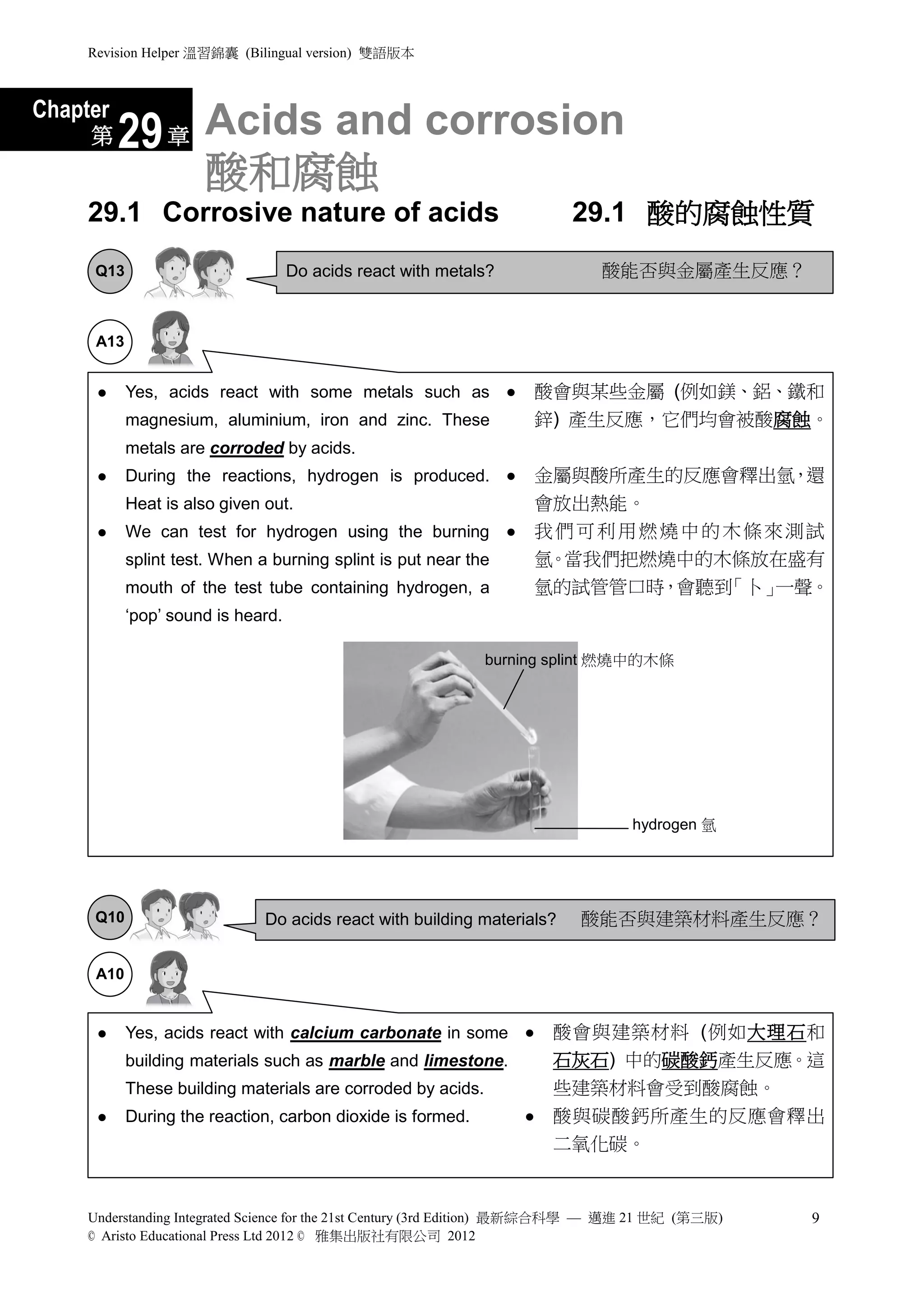 Revision Helper 溫習錦囊 (Bilingual version) 雙語版本



Chapter
     第    29 章 Acids and corrosion
                      酸和腐蝕
     29.1 Corrosive nature of acids                                        29.1 酸的腐蝕性質
      Q13                           Do acids react with metals?               酸能否與金屬產生反應？


      A13


           Yes, acids react with some metals such as                酸會與某些金屬 (例如鎂、鋁、鐵和
            magnesium, aluminium, iron and zinc. These                鋅) 產生反應，它們均會被酸腐蝕。
            metals are corroded by acids.
           During the reactions, hydrogen is produced.              金屬與酸所產生的反應會釋出氫，還
            Heat is also given out.                                   會放出熱能。
           We can test for hydrogen using the burning               我們可利用燃燒中的木條來測試
            splint test. When a burning splint is put near the        氫。當我們把燃燒中的木條放在盛有
            mouth of the test tube containing hydrogen, a             氫的試管管口時，會聽到「卜」一聲。
            ‘pop’ sound is heard.

                                                              burning splint 燃燒中的木條




                                                                                   hydrogen 氫




      Q10                      Do acids react with building materials?     酸能否與建築材料產生反應？

      A10


           Yes, acids react with calcium carbonate in some              酸會與建築材料 (例如大理石和
            building materials such as marble and limestone.              石灰石) 中的碳酸鈣產生反應。這
            These building materials are corroded by acids.               些建築材料會受到酸腐蝕。
           During the reaction, carbon dioxide is formed.               酸與碳酸鈣所產生的反應會釋出
                                                                          二氧化碳。


     Understanding Integrated Science for the 21st Century (3rd Edition) 最新綜合科學 — 邁進 21 世紀 (第三版)   9
     © Aristo Educational Press Ltd 2012 © 雅集出版社有限公司 2012
 