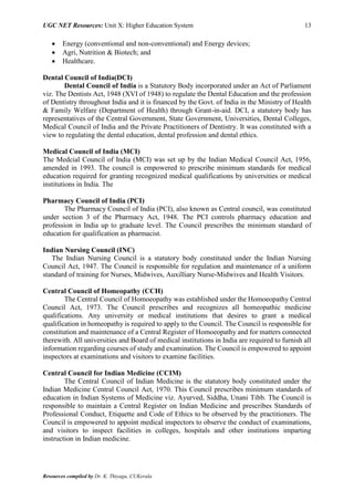 UGC NET Resources: Unit X: Higher Education System 13
Resources compiled by Dr. K. Thiyagu, CUKerala
 Energy (conventional and non-conventional) and Energy devices;
 Agri, Nutrition & Biotech; and
 Healthcare.
Dental Council of India(DCI)
Dental Council of India is a Statutory Body incorporated under an Act of Parliament
viz. The Dentists Act, 1948 (XVI of 1948) to regulate the Dental Education and the profession
of Dentistry throughout India and it is financed by the Govt. of India in the Ministry of Health
& Family Welfare (Department of Health) through Grant-in-aid. DCI, a statutory body has
representatives of the Central Government, State Government, Universities, Dental Colleges,
Medical Council of India and the Private Practitioners of Dentistry. It was constituted with a
view to regulating the dental education, dental profession and dental ethics.
Medical Council of India (MCI)
The Medcial Council of India (MCI) was set up by the Indian Medical Council Act, 1956,
amended in 1993. The council is empowered to prescribe minimum standards for medical
education required for granting recognized medical qualifications by universities or medical
institutions in India. The
Pharmacy Council of India (PCI)
The Pharmacy Council of India (PCI), also known as Central council, was constituted
under section 3 of the Pharmacy Act, 1948. The PCI controls pharmacy education and
profession in India up to graduate level. The Council prescribes the minimum standard of
education for qualification as pharmacist.
Indian Nursing Council (INC)
The Indian Nursing Council is a statutory body constituted under the Indian Nursing
Council Act, 1947. The Council is responsible for regulation and maintenance of a uniform
standard of training for Nurses, Midwives, Auxilliary Nurse-Midwives and Health Visitors.
Central Council of Homeopathy (CCH)
The Central Council of Homoeopathy was established under the Homoeopathy Central
Council Act, 1973. The Council prescribes and recognizes all homeopathic medicine
qualifications. Any university or medical institutions that desires to grant a medical
qualification in homeopathy is required to apply to the Council. The Council is responsible for
constitution and maintenance of a Central Register of Homoeopathy and for matters connected
therewith. All universities and Board of medical institutions in India are required to furnish all
information regarding courses of study and examination. The Council is empowered to appoint
inspectors at examinations and visitors to examine facilities.
Central Council for Indian Medicine (CCIM)
The Central Council of Indian Medicine is the statutory body constituted under the
Indian Medicine Central Council Act, 1970. This Council prescribes minimum standards of
education in Indian Systems of Medicine viz. Ayurved, Siddha, Unani Tibb. The Council is
responsible to maintain a Central Register on Indian Medicine and prescribes Standards of
Professional Conduct, Etiquette and Code of Ethics to be observed by the practitioners. The
Council is empowered to appoint medical inspectors to observe the conduct of examinations,
and visitors to inspect facilities in colleges, hospitals and other institutions imparting
instruction in Indian medicine.
 