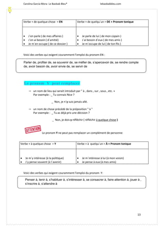Carolina García Mora- Le Baobab Bleu® lebaobabbleu.com
13
Verbe + de quelque chose = EN Verbe + de quelqu´un = DE + Pronom tonique
 J´en parle ( de mes affaires )
 J´en ai besoin ( d´amitié)
 Je m´en occupe ( de ce dossier )
 Je parle de lui ( de mon copain )
 J´ai besoin d´eux ( de mes amis )
 Je m´occupe de lui ( de ton fils )
Voici des verbes qui exigent couramment l’emploi du pronom EN :
Le pronom Y peut remplacer
→ un nom de lieu qui serait introduit par " à , dans , sur , sous , etc. »
Par exemple : _ Tu connais Nice ?
_ Non, je n´y suis jamais allé.
→ un nom de chose précédé de la préposition " à "
Par exemple : _ Tu as déjà pris une décision ?
_ Non, je dois y réfléchir ( réfléchir à quelque chose )
Le pronom Y ne peut pas remplacer un complément de personne:
Verbe + à quelque chose = Y Verbe + à quelqu´un = À + Pronom tonique
 Je m´y intéresse (à la politique)
 J´y pense souvent (à l´avenir)
 Je m´intéresse à lui (à mon voisin)
 Je pense à eux (à mes amis)
Voici des verbes qui exigent couramment l’emploi du pronom Y:
Parler de, profiter de, se souvenir de, se méfier de, s’apercevoir de, se rendre compte
de, avoir besoin de, avoir envie de, se servir de
Penser à, tenir à, s’habituer à, s’intéresser à, se consacrer à, faire attention à, jouer à ,
s’inscrire à, s’attendre à
 